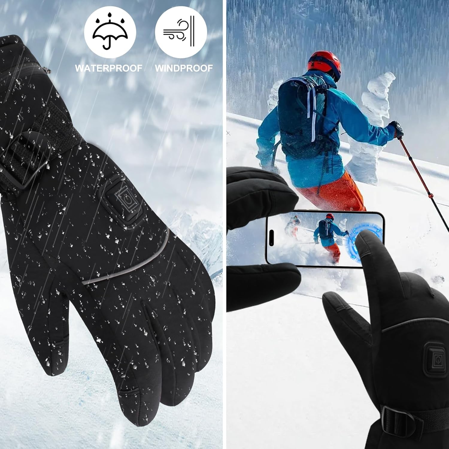 Electric Rechargeable Battery Heated Gloves - Waterproof Touchscreen for Outdoor Sports, Hiking, Skiing, Running, Work