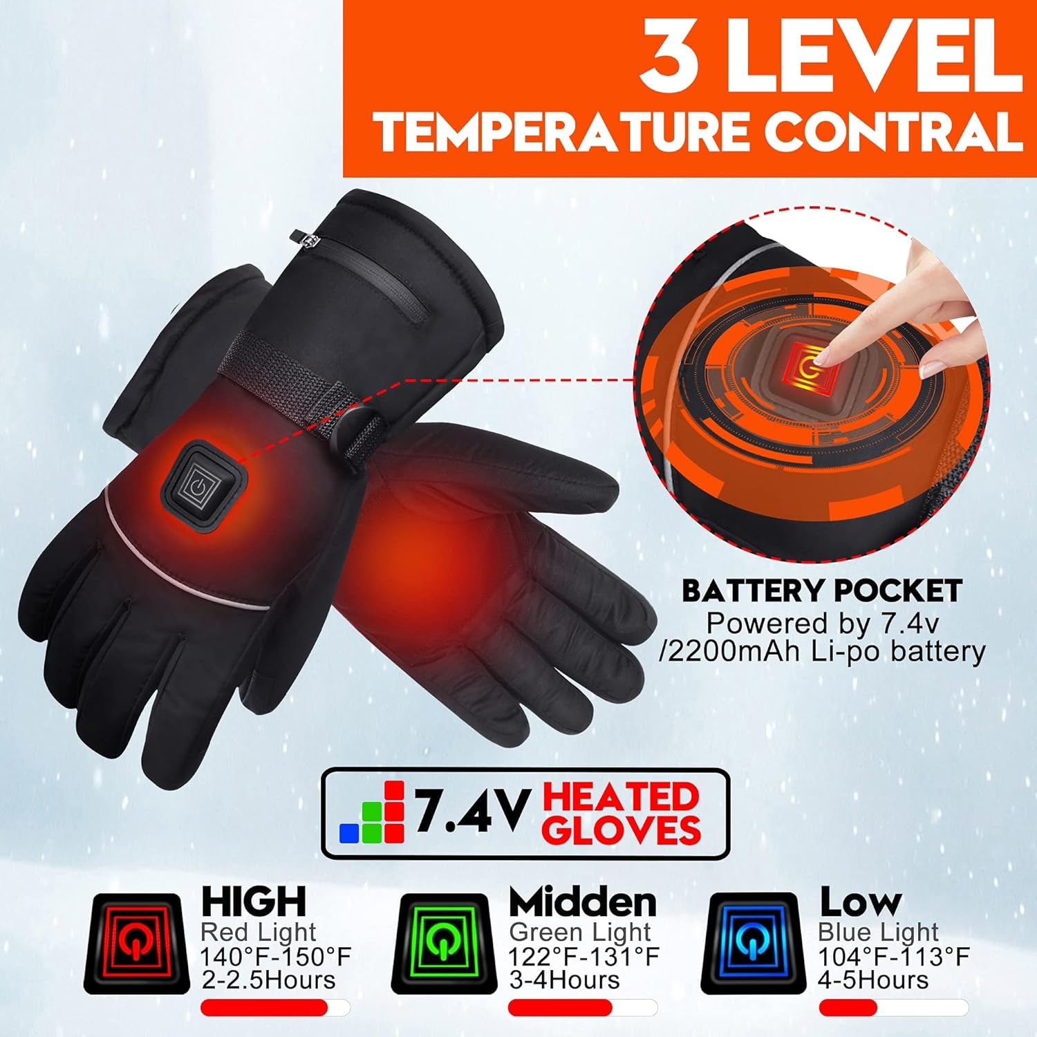Electric Rechargeable Battery Heated Gloves - Waterproof Touchscreen for Outdoor Sports, Hiking, Skiing, Running, Work