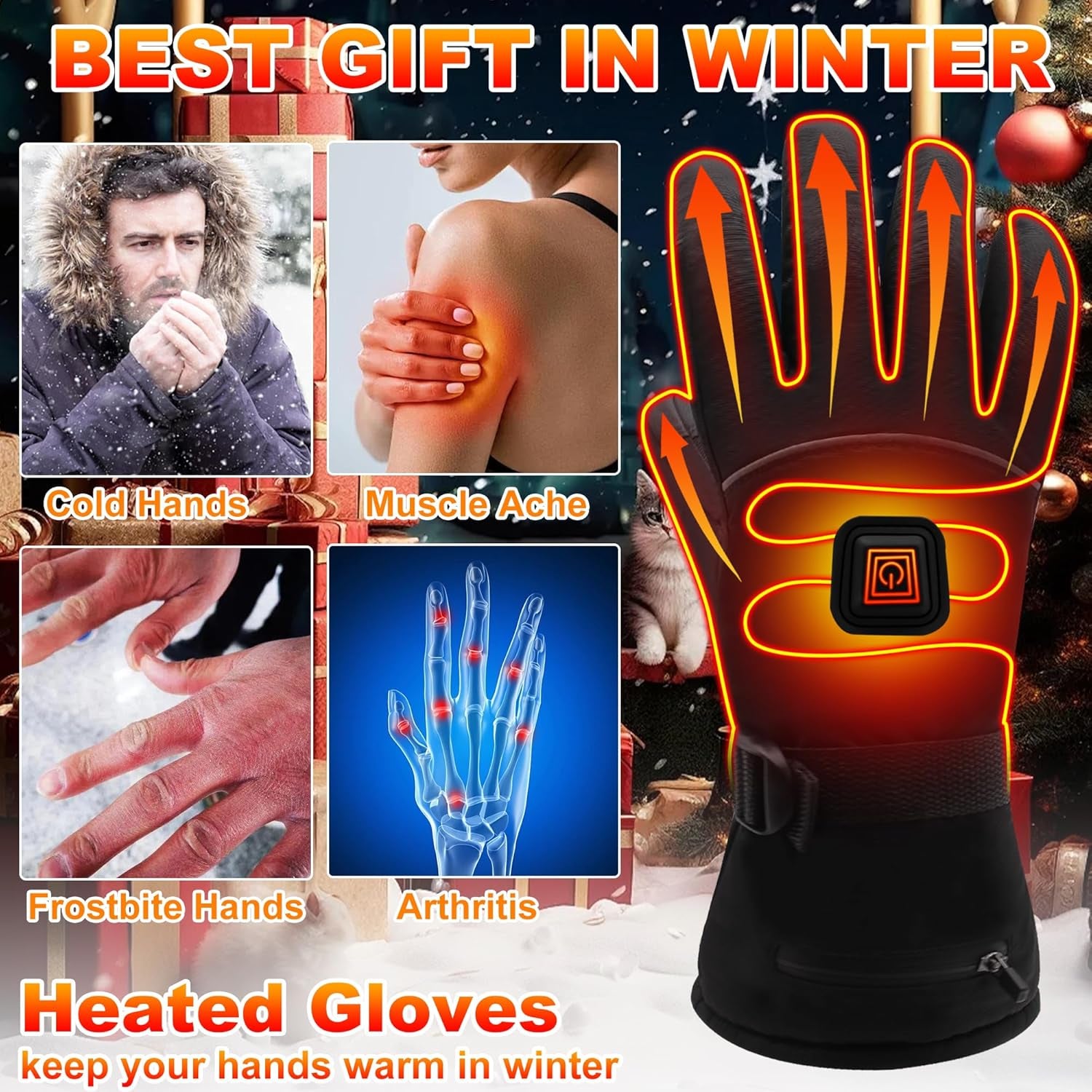Electric Rechargeable Battery Heated Gloves - Waterproof Touchscreen for Outdoor Sports, Hiking, Skiing, Running, Work