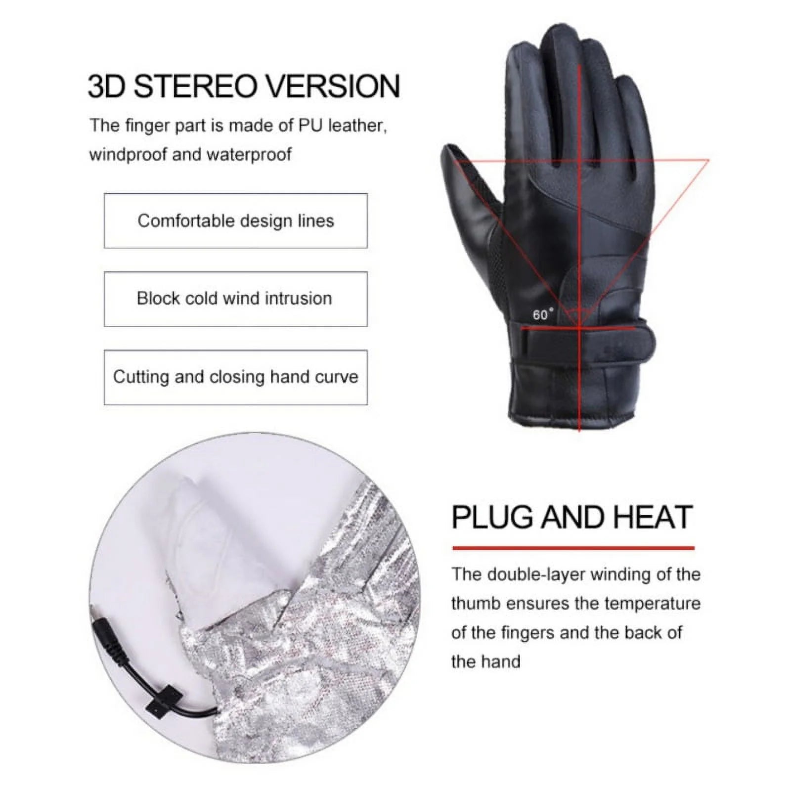 USB Plug Electric Heated Gloves with Touchscreen Finger for Men Women Winter Hands Warmer Thermal Gloves Windproof for Cold Weather Outdoor Activities